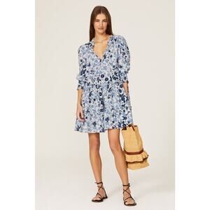 Misa Los Angeles Maya Tunic Dress Floral Ruffle Menara  Blue White Size Small